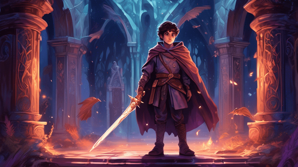 An ancient, mystical academy shrouded in twilight, with a young, determined prince standing at its grand entrance, a magical grimoire in one hand and a glowing sword in the other, his eyes reflecting determination and a hint of untold power, as fantastical creatures and demons loom in the shadows behind him, ready for an adventure.