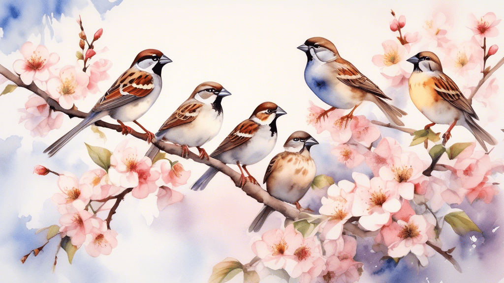 A watercolor painting of a variety of sparrows perched on a blossoming cherry tree, each labeled with its species name, against a soft morning sky background.