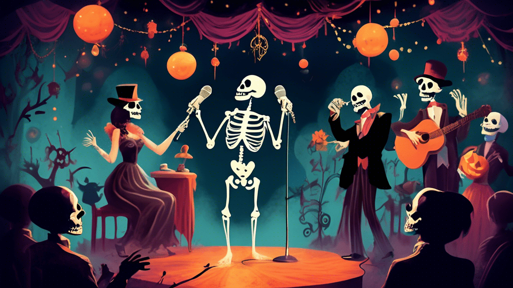 An enchanting skeleton dressed in a vintage performer's outfit, singing into an old-fashioned microphone on a moonlit stage, surrounded by mist and Halloween decorations, with silhouettes of enchanted audience members in the foreground, in the style of a magical, whimsical illustration.