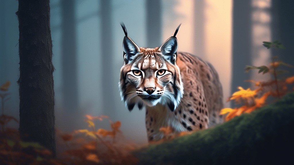 An elusive Eurasian Lynx moving silently through a dense, misty forest at dawn, its eyes intensely focused on an unseen prey, highlighting its role as a stealthy predator.
