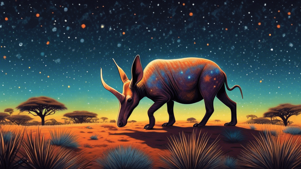 Detailed illustration of an aardvark in its natural habitat, foraging at night under a starry African savannah sky.