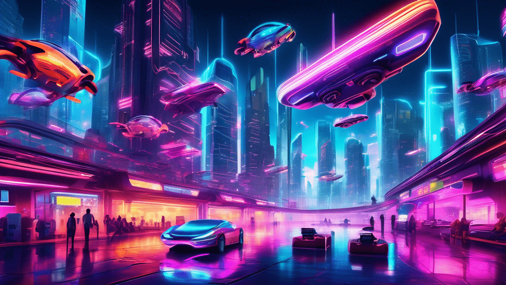 A futuristic cityscape at night with neon lights and flying cars overhead, as people below play games using advanced virtual reality and holographic technology.