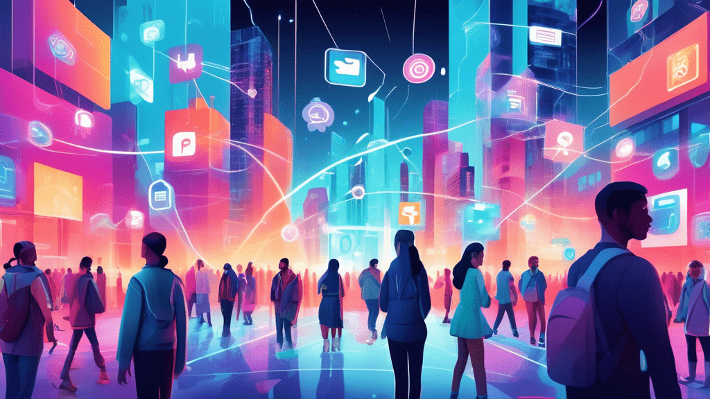 An illustration of a futuristic city where holograms and augmented reality projections of social media interfaces float around people as they walk through the streets, with a diverse group of users engaging with these technologies in a harmonious, connected world.