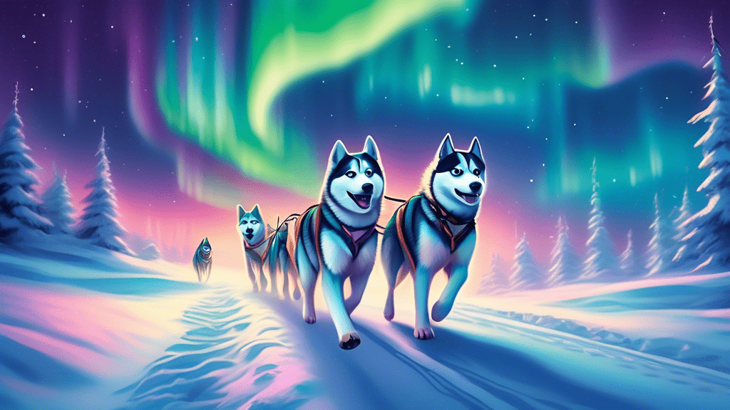 A valiant Siberian Husky, Togo, leading a dog sled team across a perilous icy landscape under the ethereal glow of the Northern Lights, epitomizing the spirit of adventure and determination.