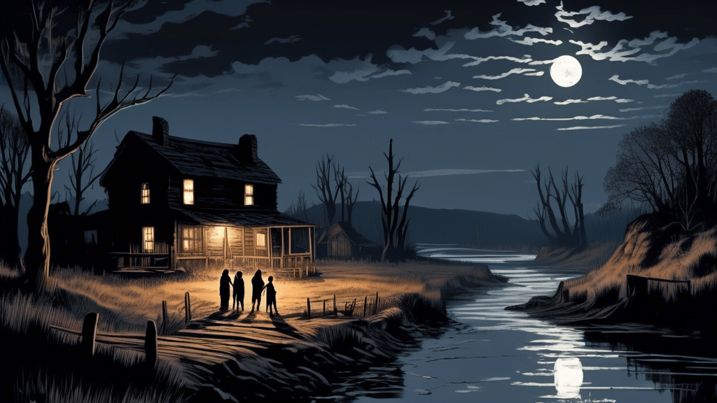 An evocative, artistically-rendered illustration of a somber, moonlit night on the borderlands between two rustic, wooden family homesteads, symbolizing the Hatfields and McCoys, with silhouettes of family members casting wary glances towards each other across a tumultuous river that divides their lands, underlined by the ghostly, intertwining shadows of their infamous feud.