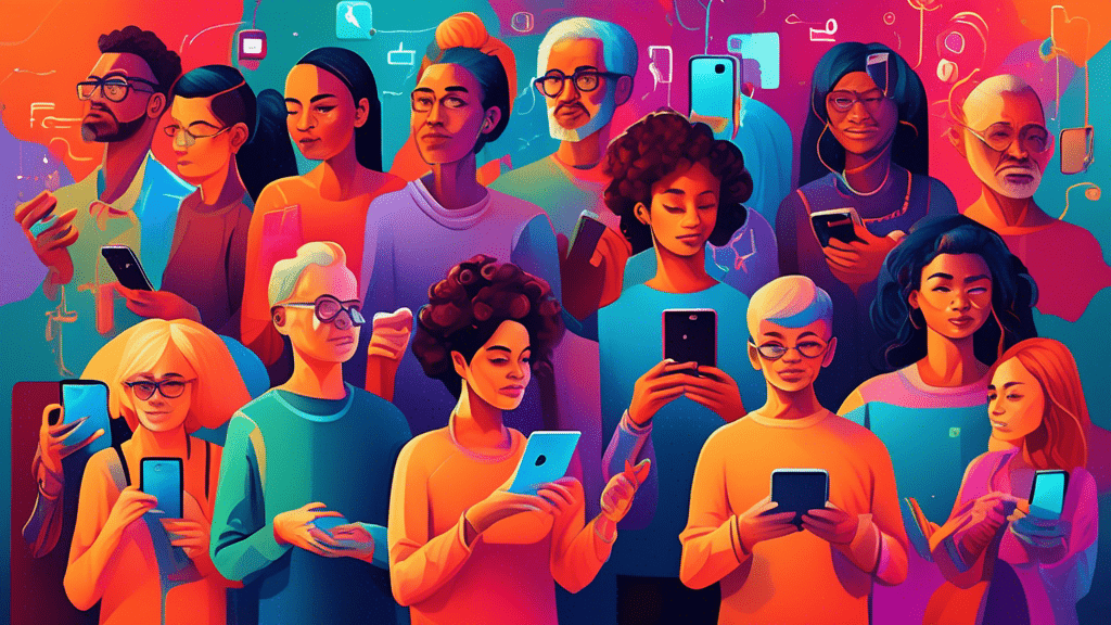 An intricate digital painting showcasing a diverse group of people of all ages and backgrounds, each immersed in their own devices, with various social media icons floating above them, connecting them in a vibrant, interconnected web of communication.
