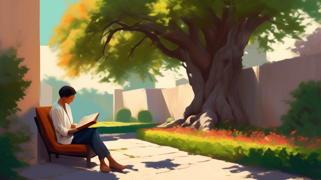 Digital painting of a serene, private garden surrounded by tall, ancient walls, with a person comfortably reading a book under the shade of a large tree, symbolizing the value of personal privacy in a modern, interconnected world.