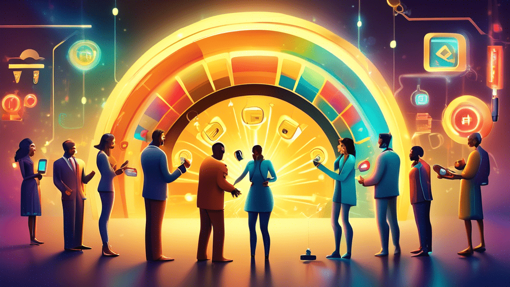 An imaginative illustration of a golden key unlocking a glowing customer satisfaction meter, with diverse happy customers gathered around in a futuristic marketplace setting.