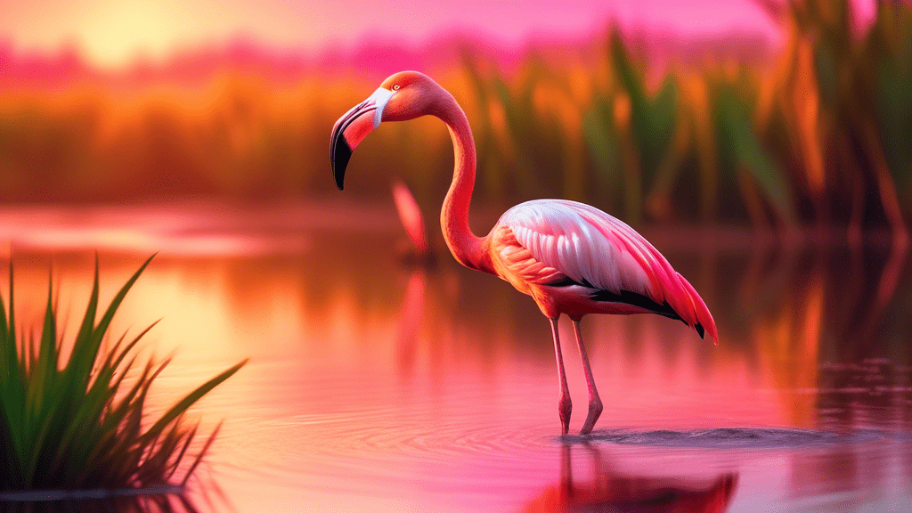 A vibrant American Flamingo standing gracefully in a lush, tropical wetland with radiant pink plumage, reflecting the golden sunset light on a serene evening.