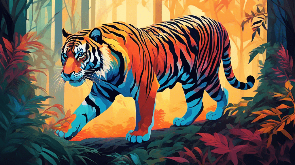 A beautiful and majestic tiger prowling in a dense, misty forest at sunrise, showcasing its vibrant stripes and intense gaze.