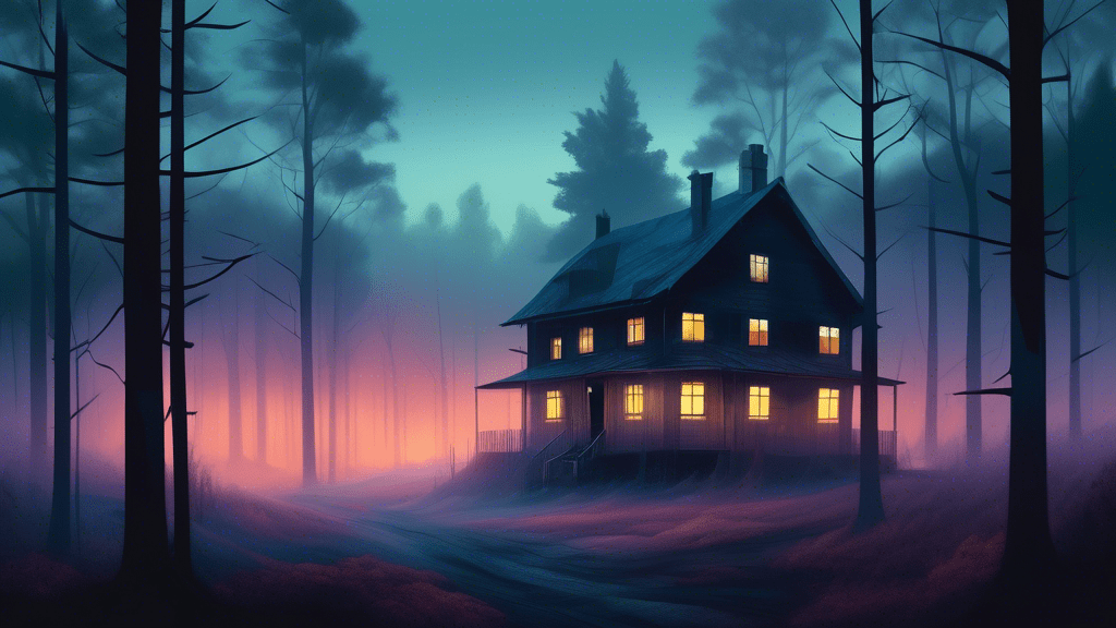 An atmospheric depiction of a foggy forest at dusk with a dimly lit, deserted house in the background, evoking the mysterious disappearance in Lorenskog.