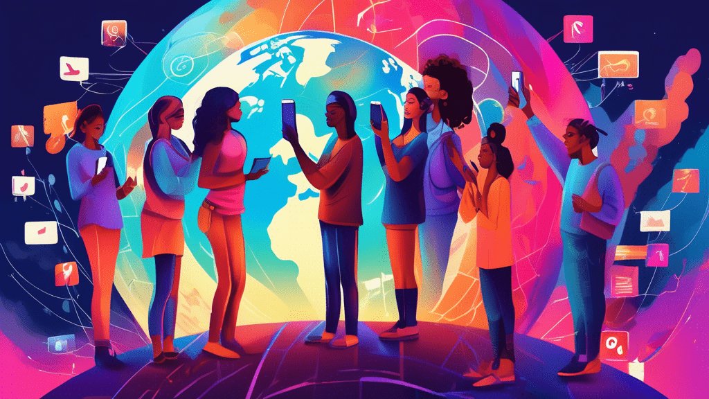 A digital painting of a diverse group of activists using smartphones and tablets to post and share powerful messages on a giant, glowing social media network globe, with symbols of peace, equality, and freedom floating around it.