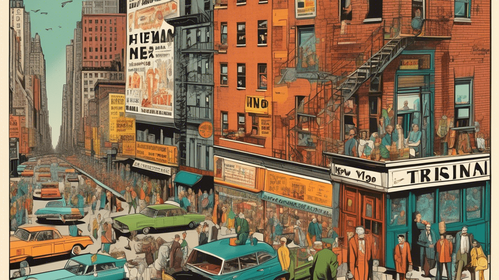 A meticulously detailed illustration of 1960s New York City, with half depicting a realistic portrayal of Frank Sheeran's life and the other half illustrating scenes from 'The Irishman' movie, divided by a film strip with the title, showcasing the contrast between historical fact and cinematic fiction.