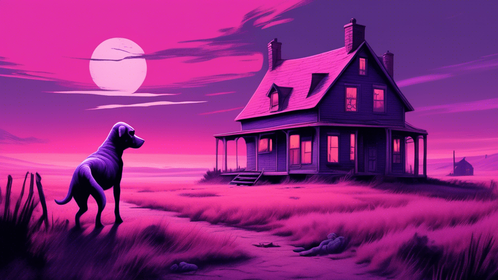 Depict a quaint, eerie farmhouse isolated on a barren landscape, with a surreal, purple-hued sky. In the foreground, a skittish, oversized pink dog stands on its hind legs, casting a wary glance over its shoulder, while offbeat, spooky creatures loom in the shadows, hinting at a blend of comedy and horror.