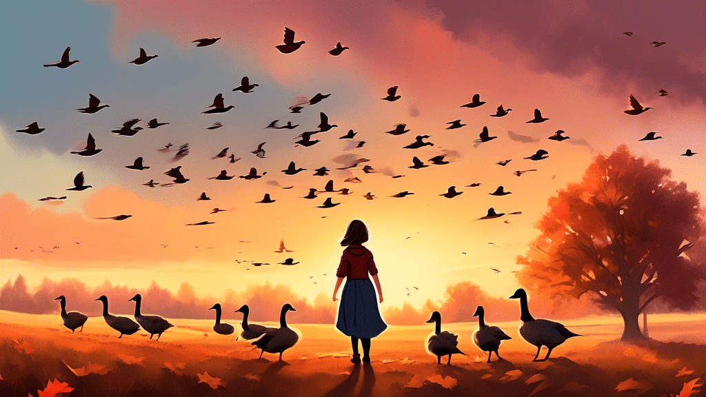 A heartwarming digital painting of a young girl leading a flock of Canadian geese across a beautiful, autumn sunset landscape, inspired by the real-life story that inspired the movie 'Fly Away Home'.
