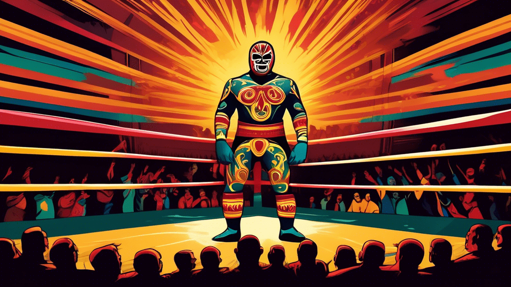 A vibrant and detailed illustration of a Mexican luchador in a traditional wrestling ring, surrounded by an adoring crowd, with the silhouette of a priest watching proudly from the shadows.