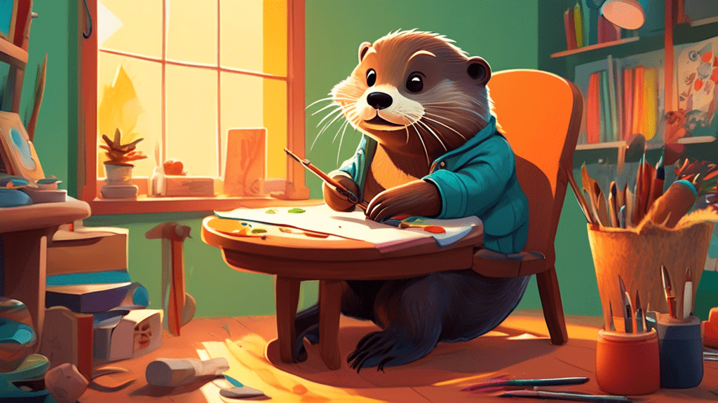Create an image depicting an artist drawing a whimsical cartoon character, with a real-life otter playfully interacting with him in a cozy, sunlit art studio.
