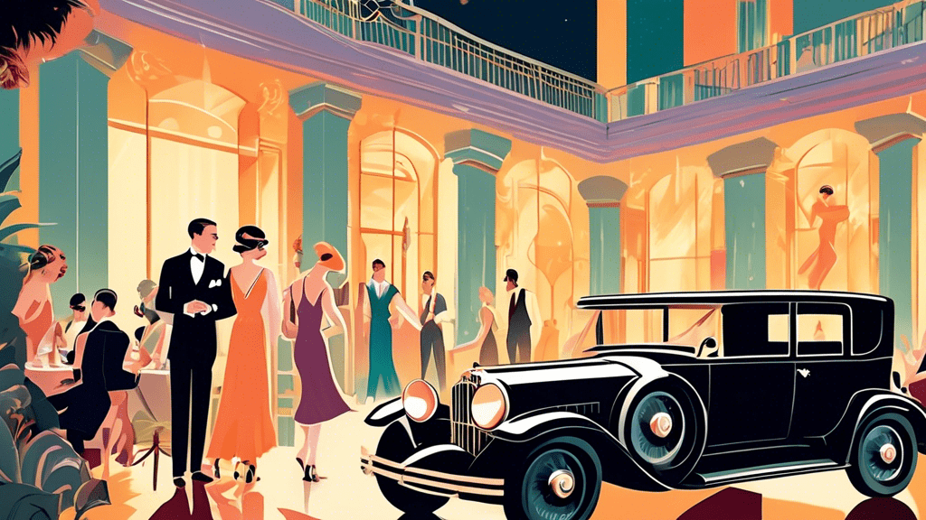 An elegant 1920s jazz age party at a luxurious mansion, with vintage cars, flapper dresses, and a mysterious man observing from a distance, encapsulating the essence of 'The Great Gatsby' and its real-life inspiration.