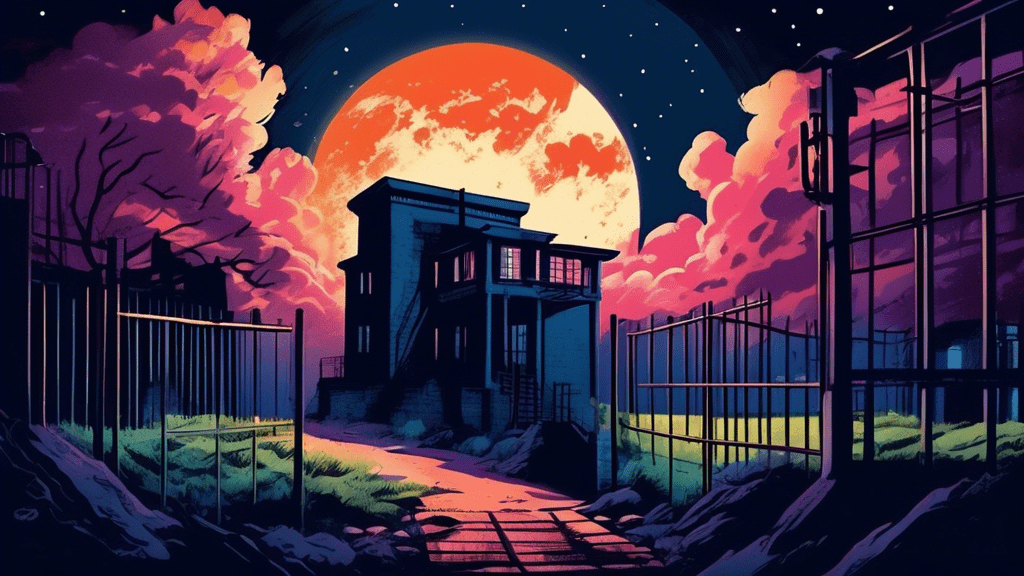 A vivid illustration of an old, atmospheric prison under a bright, full moon, capturing a hopeful escape scene inspired by 'The Shawshank Redemption', with subtle elements hinting at its real-life inspiration.