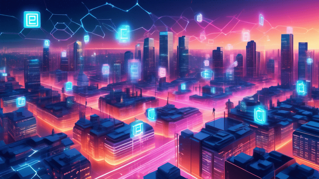 A futuristic cityscape at dusk with glowing, transparent blockchain links encircling and permeating traditional financial buildings, while holographic cryptocurrency symbols float in the sky, symbolizing the integration and revolutionary impact on finance.