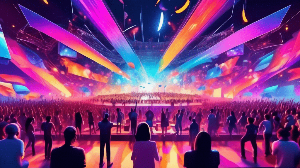 An ultra-modern virtual concert arena bustling with digital avatars from around the world, showcasing diverse virtual experiences in the background, from virtual art galleries to e-sports competitions, all under a dazzling digital sky.
