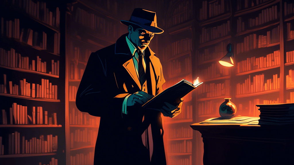 A vintage-style detective standing in a dimly lit, moody library, examining a mysterious, glowing book titled 'A Body to Kill For', with shadowy figures lurking in the background.