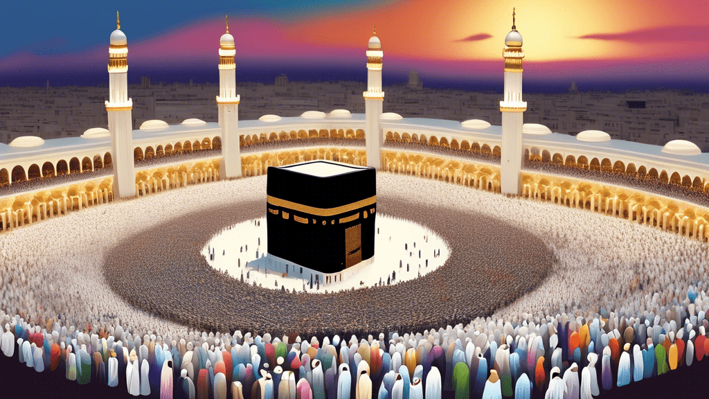An illustration of a vast, diverse crowd of pilgrims wearing white, surrounding the Kaaba in Mecca, with a serene, twilight sky background, symbolizing unity and the spiritual journey in Islamic tradition.