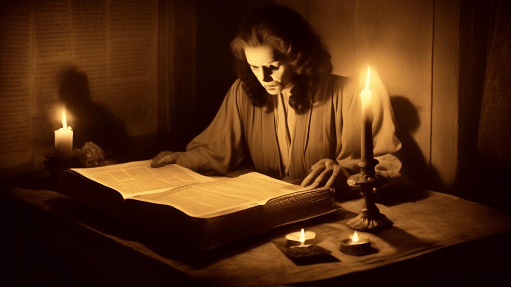 A vintage sepia-toned photograph capturing the eerie ambiance of a 1940s exorcism, with flickering candles illuminating ancient texts and a mysterious figure performing a ritual in an old, dimly lit room, evoking the true historical inspiration behind 'The Exorcist' movie.