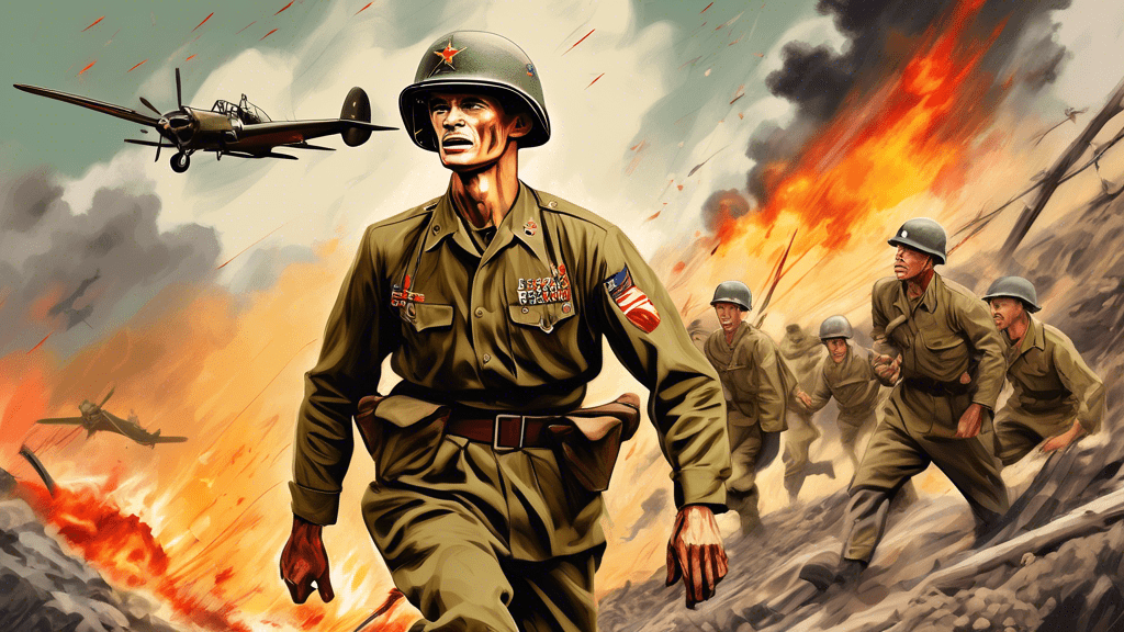 An artistic interpretation of the heroic actions of Desmond Doss on Hacksaw Ridge during World War II, blending historical warfare with serene acts of compassion.