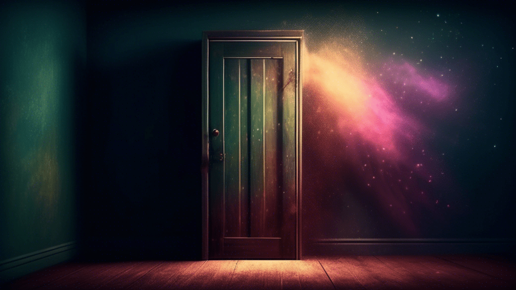 A haunting, dimly lit illustration of an empty, aged closet with the door slightly ajar, revealing a faint glimmer of light illuminating dust particles in the air, surrounded by an aura of mystery and sadness.