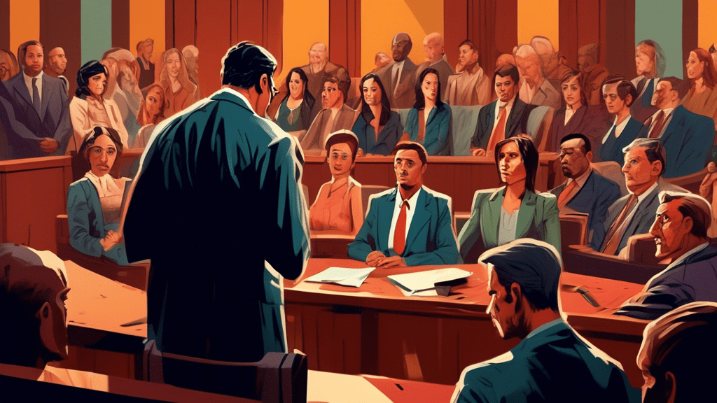 A dramatic courtroom scene illustrating the intense legal battle from the movie 'No One Would Tell', with a focus on the protagonist bravely testifying, set against a backdrop of concerned family members and an attentive jury.