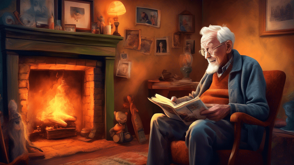 An imaginative and heartwarming digital painting of an elderly man sharing his epic life stories with his grandchildren around a cozy fireplace, with a vintage photograph of a young 'Otto', filled with adventure and mystery, hanging proudly on the wall.