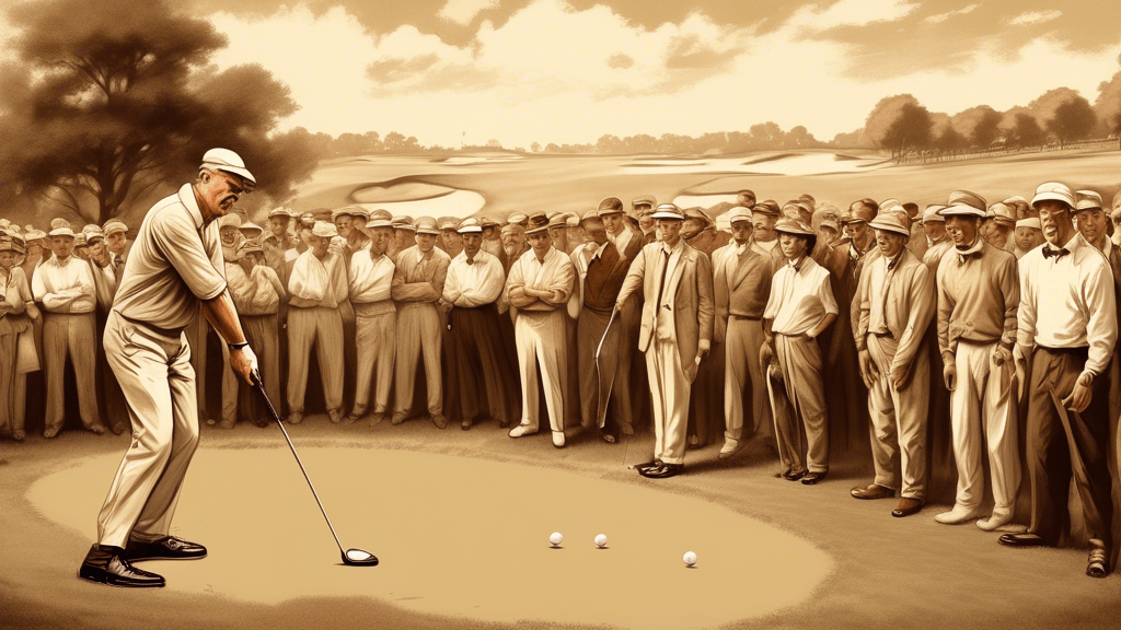 Vintage sepia-toned illustration of an epic golf match in the early 1900s, with dramatic facial expressions and old-fashioned attire, capturing the intense moment of a historic putt, surrounded by an enthralled crowd against the backdrop of a classic golf course.