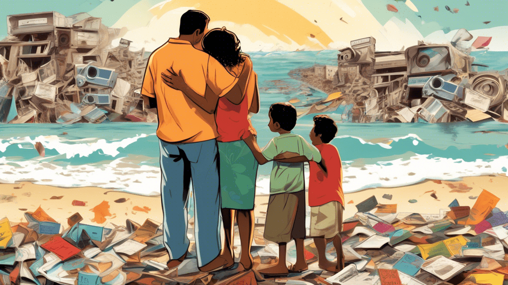 A family embracing each other in a heartwarming reunion amidst the chaotic backdrop of the 2004 Indian Ocean tsunami devastation, with movie reels and a clapperboard labeled 'The Impossible' in the foreground.