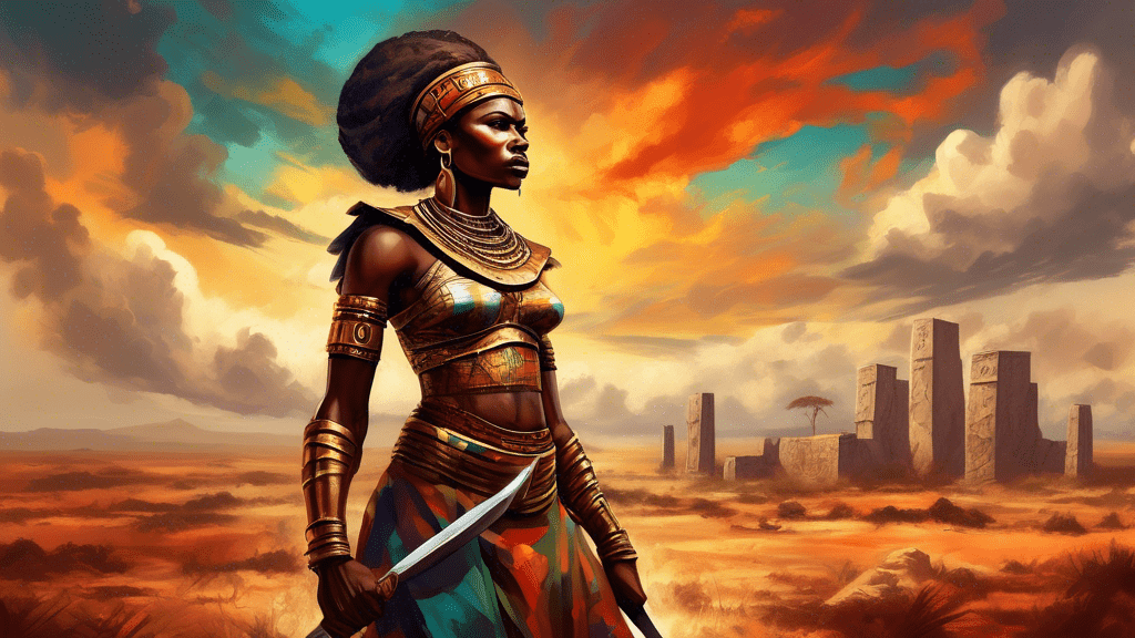 A powerful and noble African woman warrior standing tall on a battlefield, with an ancient kingdom in the background, under a dramatic sky - inspired by 'The Woman King'.