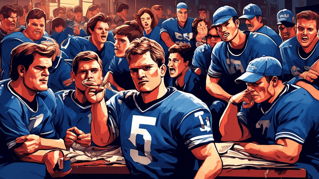 Illustrate an intense, behind-the-scenes moment of actors and film crew working together on the set of 'Varsity Blues', capturing the emotional highs and lows of bringing the true story to life, with an atmosphere filled with determination and camaraderie, in a realistic style.