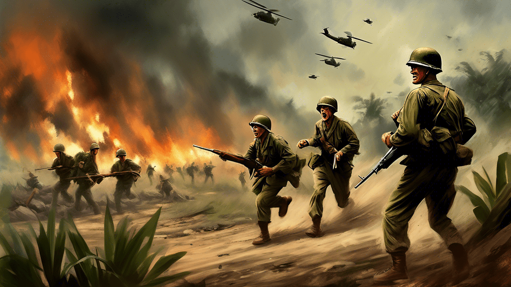 A dramatic and emotionally charged digital painting of American soldiers bravely fighting in the Battle of Ia Drang during the Vietnam War, with the film's title 'We Were Soldiers' subtly integrated into the war-torn landscape, capturing the essence of heroism and sacrifice depicted in the true story.