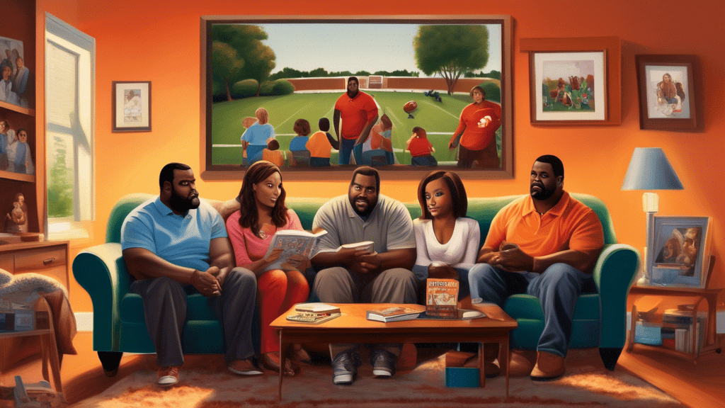 A realistic painting of a family watching 'The Blind Side' movie at home, surrounded by images of Michael Oher, football scenes, and a book detailing the true story, all blended into the living room background, in warm, cozy colors.