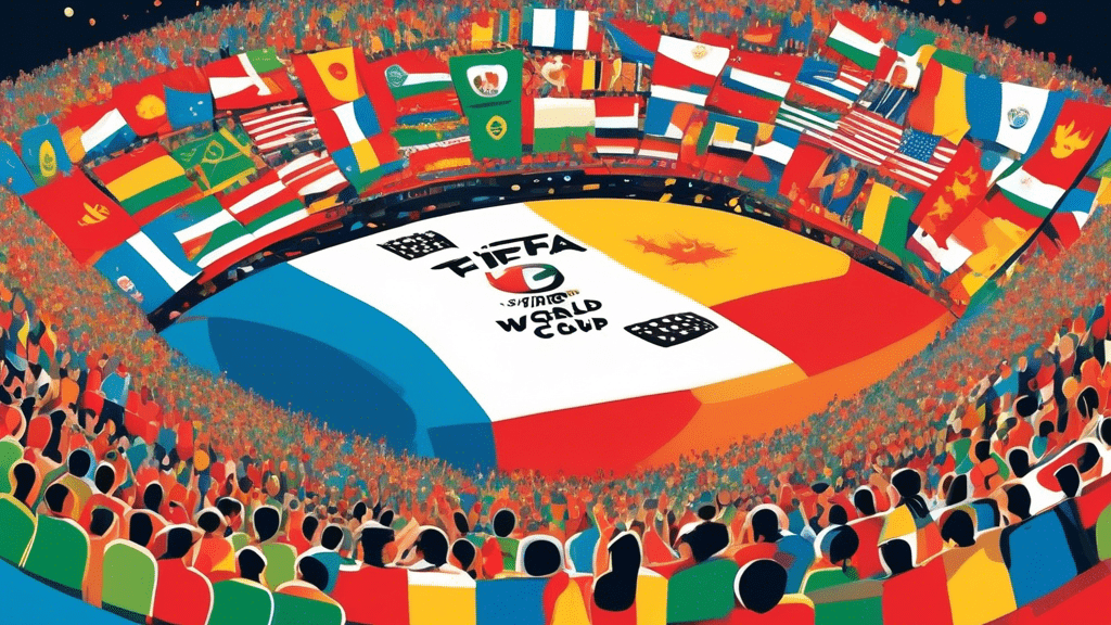 A colorful digital painting of a crowded football stadium filled with fans from around the world, with a giant football in the center and flags of various countries waving in the background, under a banner that reads The Ultimate Guide to the FIFA World Cup.