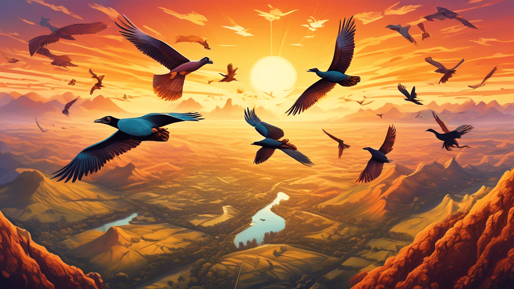 Detailed illustration of various world's largest flying birds soaring together over a panoramic landscape during golden hour, showcasing their majestic wingspans and diverse features.