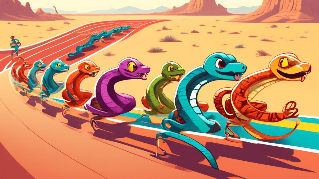 A group of animated, cartoon-style snakes wearing sprinter outfits and racing shoes, lined up at the starting line of a racetrack, ready to sprint, with a desert landscape in the background and a banner overhead reading 'World's Speediest Snakes Marathon'.