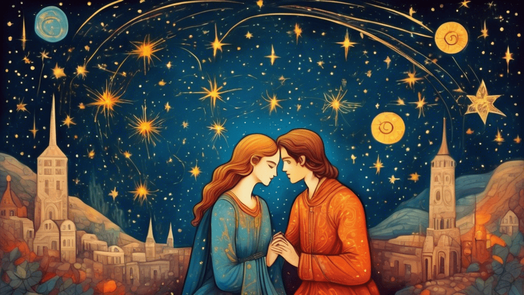 An ancient, illuminated manuscript depicting two lovers from different historical eras meeting under the same starry sky, with timeless symbols of love floating around them.