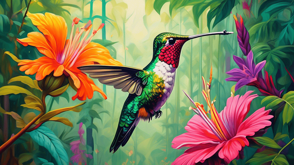 A vibrant, detailed painting of a hummingbird sipping nectar from a brightly colored flower, with a pencil and a matchstick placed next to it for scale comparison, all set against a backdrop of a lush, tropical forest.
