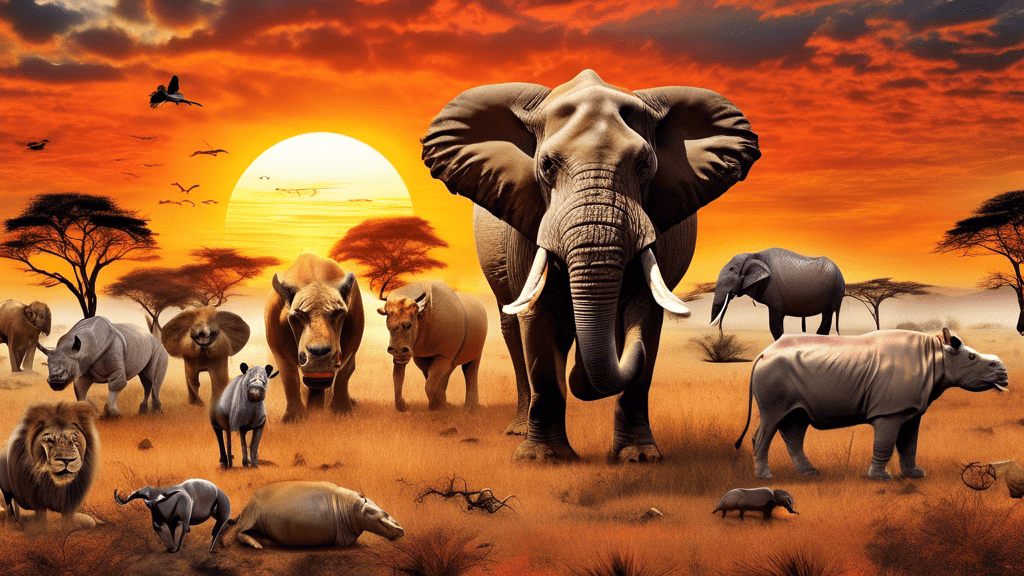 Create a vivid, detailed collage showcasing the top 10 deadliest animals in Africa, including a lion, a hippopotamus, an African elephant, a Cape buffalo, a black mamba, a crocodile, a great white shark, a hyena, a rhinoceros, and an African buffalo, all set against the backdrop of a breathtaking African sunset.