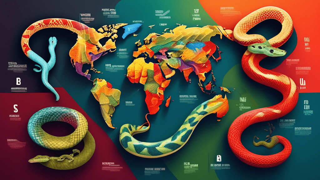 Create a dramatic illustration showcasing the top 10 deadliest snakes in the world, each positioned around a globe, with their names and regions subtly displayed, using a mix of realistic and artistic styles.