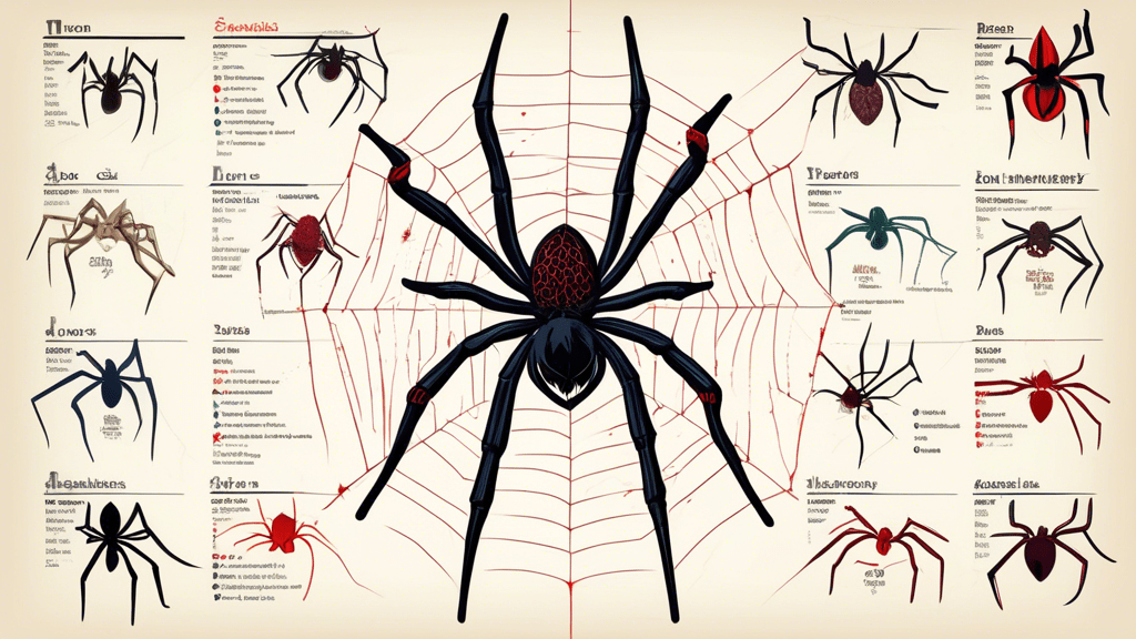 A visually stunning and detailed infographic showcasing the top 10 deadliest spiders from around the globe, including their names and regions, with a map background.