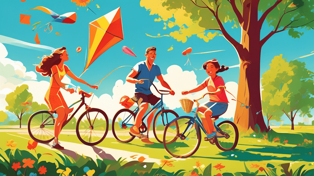 An illustration of a joyful family of four engaging in various summer activities at a sunlit park, including a picnic, flying a kite, cycling, and playing frisbee, with a backdrop of lush trees and a bright blue sky.