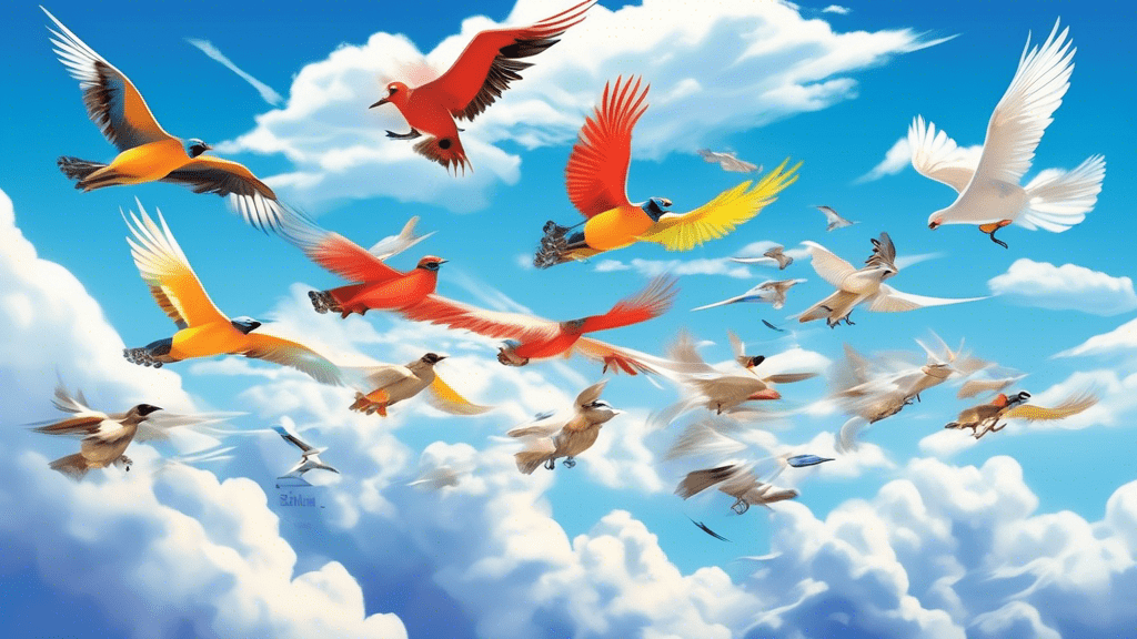 Digital illustration of a dynamic race in the sky featuring the top 10 fastest birds on the planet, each labeled with its name and speed, against a backdrop of vivid blue skies and fluffy white clouds.