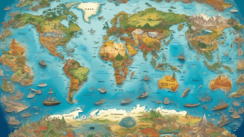 An artistic aerial montage showcasing the top 10 largest islands around the globe, each labeled with its name and size in square kilometers, set against a backdrop of a beautifully detailed world map.