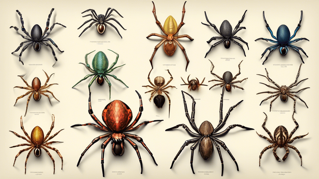 A stunningly detailed and realistic digital art montage showcasing the top 10 largest spiders in the world, each accurately depicted in their natural habitats with size comparison charts next to them.